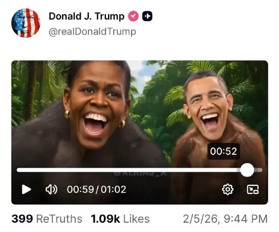 将奥巴马夫妇P成猴子，发帖十余小时后删除，特朗普是故意的还是不小心？